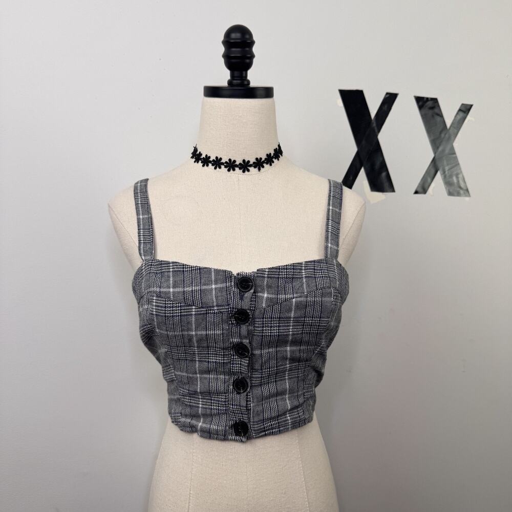 Y2K Plaid Cropped Cami Tank Top Square Neck Button Pinup Indie S
